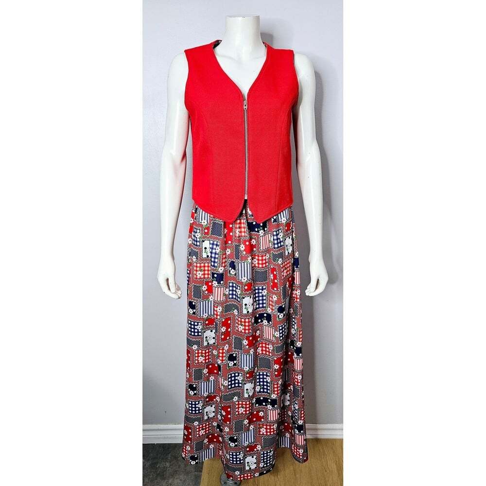 Vintage 1970s Red White And Blue Skirt Set, Reversible Vest, Patchwork